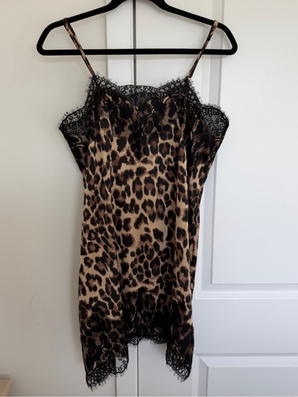 Leopard Lace Trim Satin Slip Dress - Y2K Spaghetti Strap
